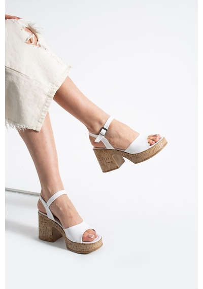 Dabab Shoes Loreva Kadın Beyaz Platform Taban 9 Cm Kalın Topuklu Bilekten Bantlı Sandalet