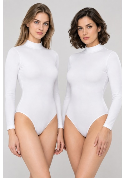 Loule Kadın 2'li %95 Pamuklu Uzun Kol Dik Yaka Esnek Kancalı Body Beyaz
