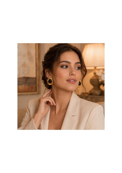 Gold Oval Formlu Siyah Taşlı Kadın Küpe Siyah - 886705037 Siyah - 886705037 Siyah