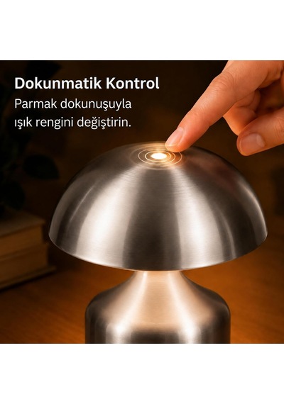 Tr Şarj Edilebilir Led Mantar Masa Lambası, Dokunmatik 3 Renk Modlu, 1800 Mah Kablosuz Metal Abajur, Usb Type-c Şarjl Diğer