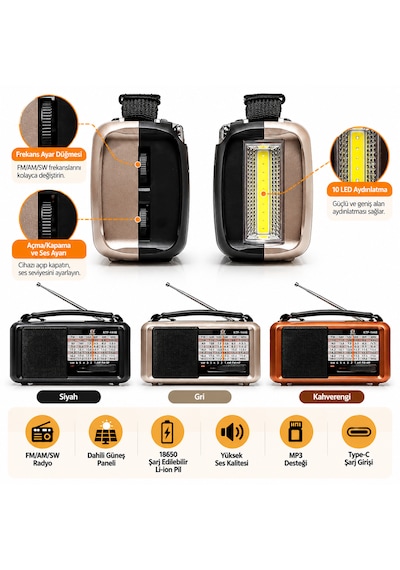 Ultratekno Ktf-1448 Şarjlı 8 Bant Dünya Radyosu Bluetooth Hoparlör 18650 Bataryalı Usb Tf Kart 10 Led Fener