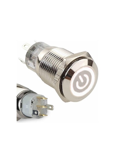 Alkatronik 16mm Metal Buton Beyaz Power Sembol Led Işıklı Panel Montaj Düz Kafa Kilitlemeli Dc 6a 12v Ip67 Düğm 1