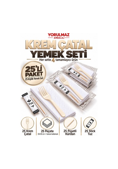Lüks Krem Çatal Yemek Seti 25 Kişilik 33 33 Cm Garson Katlamalı Peçete, Poşetli Kürdan Ve Stick Tuz