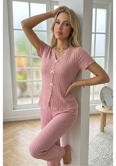 Bella Notte V Yaka Pamuklu Fiyonk Detaylı Pijama Takımı Krem