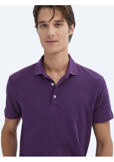 Kip Mor Düz Polo Yaka Pamuk Karışımlı T-shirt Mor