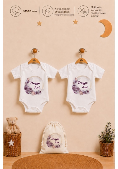 Pia Baby Kız Bebek İsme Özel Hediye Seti 2'li %100 Pamuk Organik Baskılı Body Zıbın Ve Ham Bez Kıyafet Kesesi 2052b2k0x Ekru