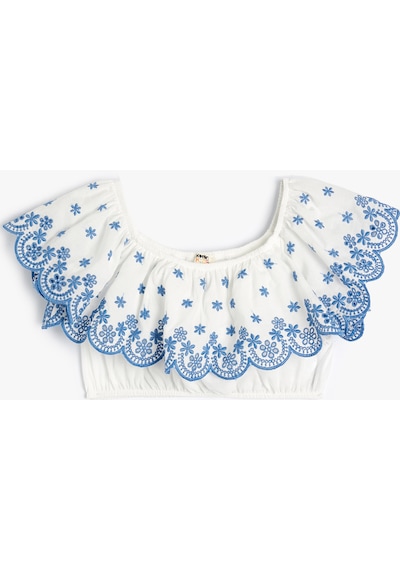 Koton Crop Bluz Düşük Omuz Fırfırlı İşlemeli Beyaz 4skg60054aw Beyaz