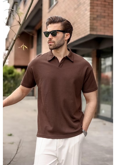 Madmext Acı Kahverengi Polo Yaka Oversize Erkek Tişört E7185