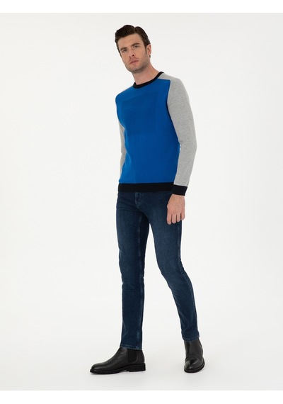 Cacharel Sax Slim Fit Pamuk Karışımlı Bisiklet Yaka Triko Kazak Mavi