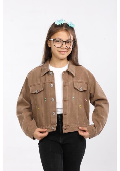 Modiclas Papatya Nakışlı-çift Cepli-düğmeli-%100 Pamuk-denim-boyamalı-kız Çocuk Ceketi Kahverengi