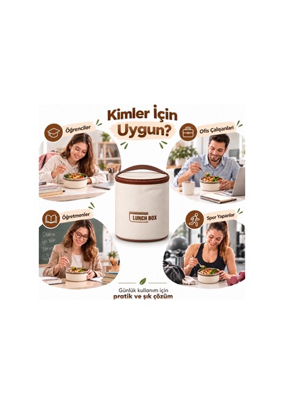 Paslanmaz Çelik Taşınabilir Lunch Box Vakumlu Yemek Kabı Seti, Çatal-kaşık Bölmeli Isı Yalıtımlı Taşıma Çantalı Sefertası Seti Bej