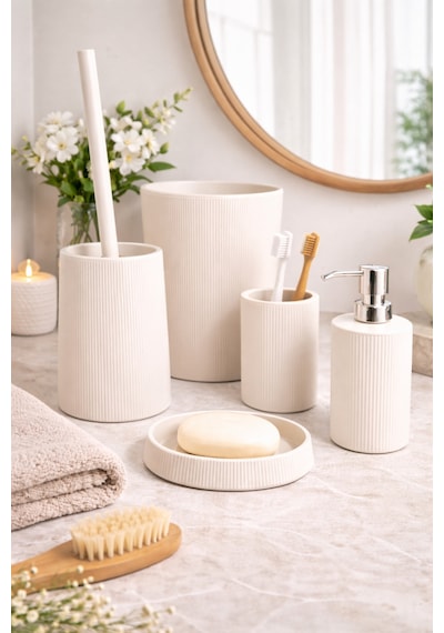 Esero 5'li Mat Krem Banyo Aksesuar Seti Çizgili Tasarım, Çöp Kovası, Wc Fırçası, Sıvı Sabunluk, Diş Fırçalık, Sabunluk