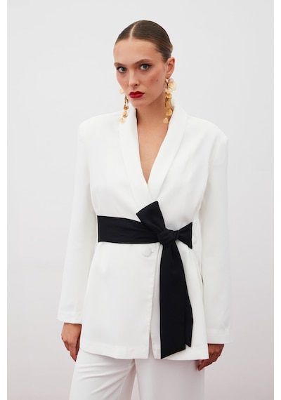 Sateen Beli Kuşaklı Uzun Ceket - Ekru