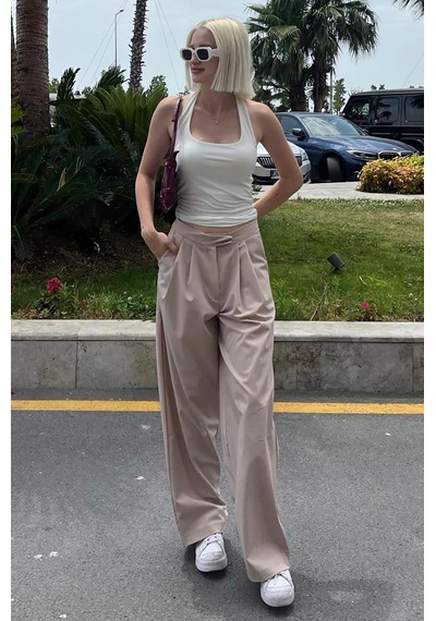 Madmext Bej Yüksek Bel Rahat Kesim Bol Paça Pantolon Mg2120-bej Bej