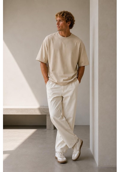 Alexandergardi Oversize Bisiklet Yaka T-shirt Bej