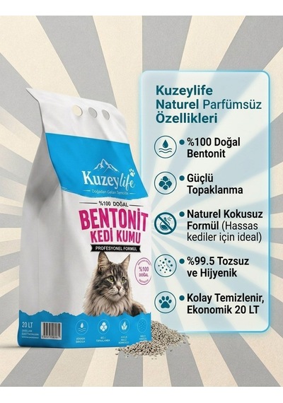 Kuzeylife Bentonit Kedi Kumu Naturel Parfümsüz 20 Lt
