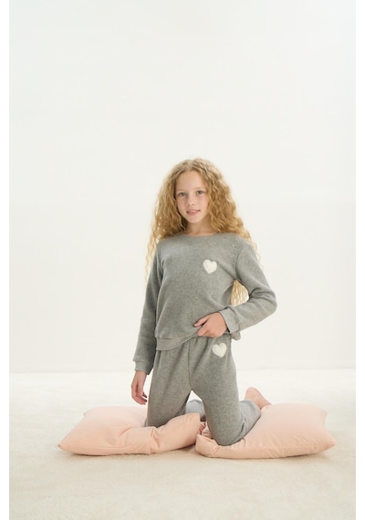 Kız Çocuk Garson Uzun Kol Polar Gri Melanj Pijama Takım C0t5n7o8 001