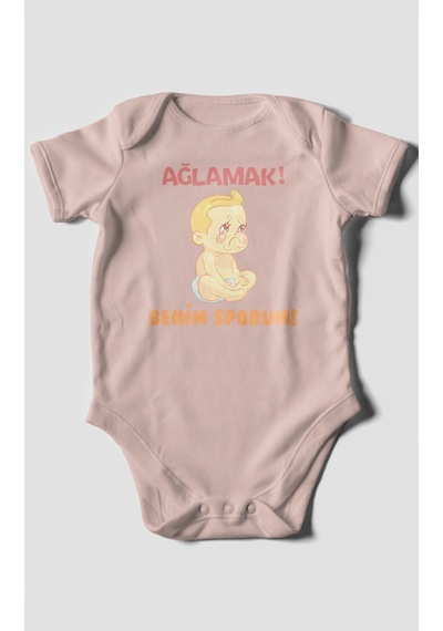 Ağlamak Benim Sporum Baskılı Bebek Zıbını Çıtçıtlı Body %100 Pamuk Kısa Kol Pastel Pembe