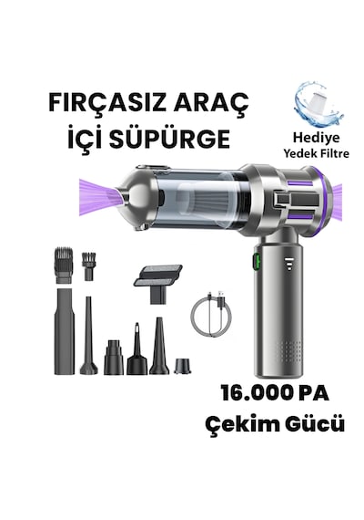 Yeni 16000pa Güçlü Portatif Vakumlu Kablosuz Üflemeli Mini Araç Süpürgesi Gri