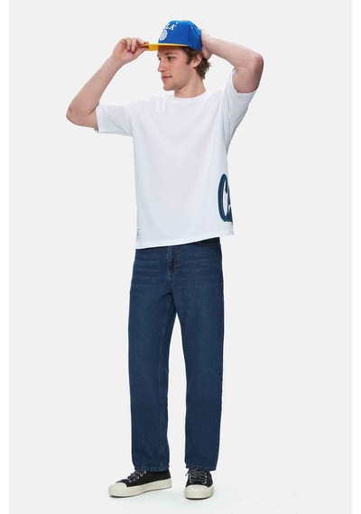 Ucla Roscoe Beyaz Bisiklet Yaka Baskılı Oversize Erkek Tshirt Beyaz