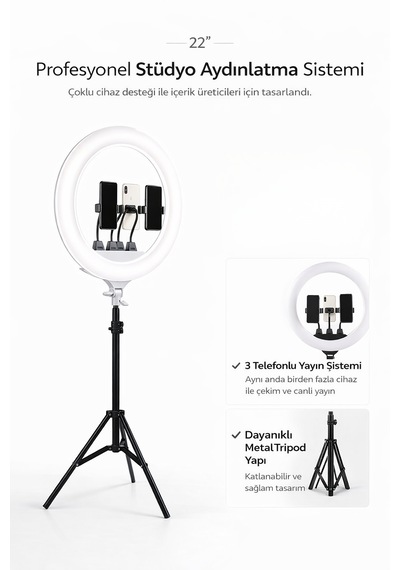 22 Inç Ring Light Mega Boy Döküm Ayaklı Kuaför Makyaj Işığı Youtube Canlı Yayın Led Halka Lüx Siyah