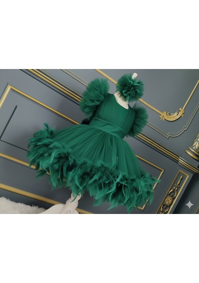 Star Kids Fashion Kız Çocuk Zümrüt Yeşili Tüylü Elbise, Kız Çocuk Mezuniyet Elbisesi,toka Dahil Yeşil