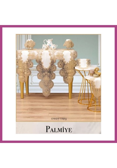 Gees Global Salon Takımı 7 Parça Keten Masa Örtüsü Runner Seti Çeyizlik Palmiye Model No 66625 Krem-kapiçino Gbzs