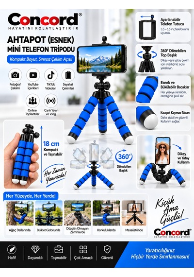 Concord Ahtapot Esnek Mini Telefon Tripodu - 360 Döner Başlıklı - 18 Cm Vlogging & Tiktok Çekim Ayak Mavi