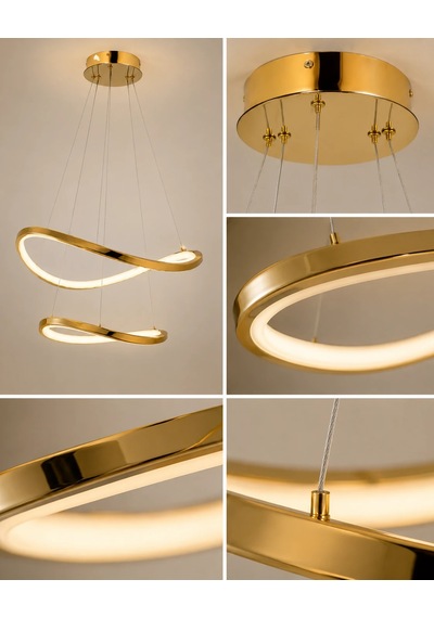 Modern Premium 2'li Gold Halka 3 Renkli Ledli Sarkıt Avizesi Salon Mutfak Oturma Odası Modelleri 48w Beyaz