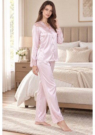 Loule Kadın Pudra Düğmeli Dantel Detaylı Saten Pijama Takımı