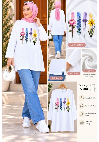 Aymiraa Kadın Tesettür Baskılı Sweat Tunik Çiçek Desenli Salaş Rahat Kalıp Uzun Kollu Günlük Tunik Beyaz Beyaz Aymiraa Kadın Tesettür Baskılı Sweat Tunik Çiçek Desenli Salaş Rahat Kalıp Uzun Kollu Günlük Tunik Beyaz Beyaz