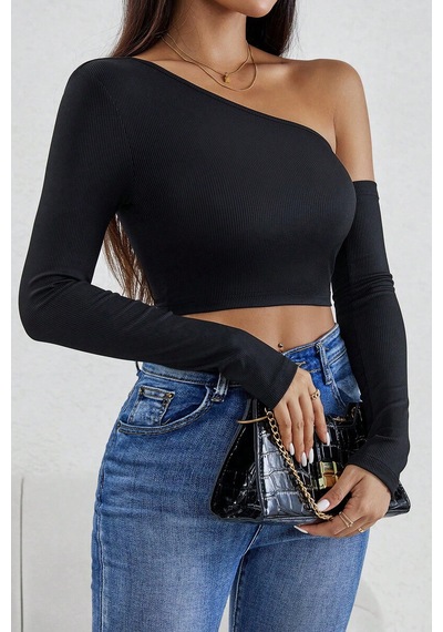 Kadın Siyah Tek Omuz Detaylı Uzun Kol Crop Top Bluz