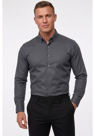 Deep Sea Deepsea Antrasit Slim Fit Likralı Kolay Ütülenebilir Gizli Düğmeli Erkek Gömlek 2602614