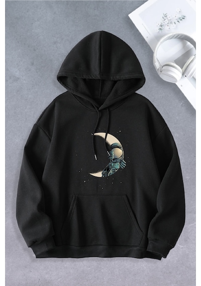 Nevermind Unisex Kadın Erkek Ay Astronot Modeli Oversize Sweatshi Siyah
