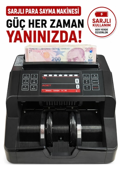 Şarjlı Seyyar Kablosuz Karışık Para Sayma Makinesi, Tl Ve Euro Karışık Sayım - Dolar Adet Sayım + Müşteri Ekranı