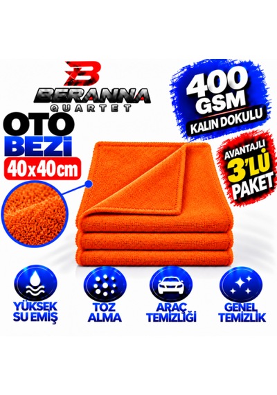 Microfiber Oto Kurulama Bezi 40x40 400 Gsm Kalın Dokulu Turuncu 3 Lü Paket