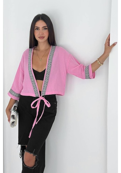 Noa & Noa Kadın Bağlamalı Dekor Şeritli Crop Top Gömlek Street Muse Pembe