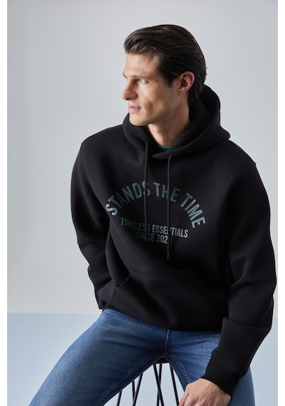 Grimelange Wulf Erkek Organik Kumaşlı İçi Polarlı Yumuşacık Kanguru Cepli Kapüşonlu Siyah Sweatshirt Siyah