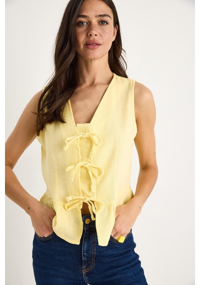 Shade Kadın V Yaka Fiyonk Detaylı Müslin Peplum Bluz G28-4883 60283356 - Limon Sarısı Çok Renkli