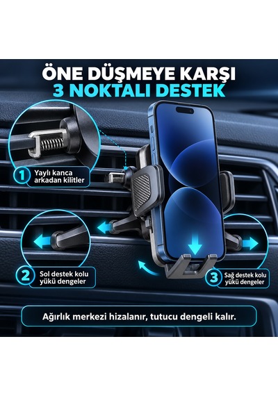 Dexxony Hp-a08 Kancalı Havalandırma Izgara Araç İçi Telefon Tutucu 360 Döner Otomatik Sıkıştırmalı Siyah