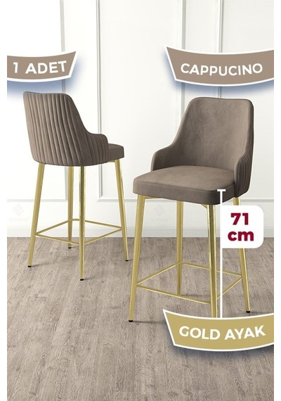 Canisa Enox Serisi 1 Adet Cappucino Mutfak Bar Sandalyesi Babyface Kumaş Gold Kaplama Metal Ayak Sandalyeler Cappucino Ayaklar Gold