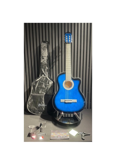 4/4 Klasik Gitar Seti Mavi Kesik Kasa Sap Ayarlı Gül Klavye Flatolu Orta Kalite