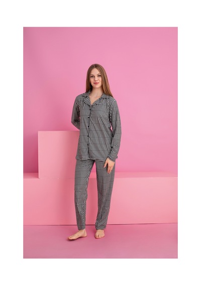 Rindahomewear Kadın Kareli Desenli Süet Örme Uzun Kol Kadın Düğmeli Pijama Takımı Siyah