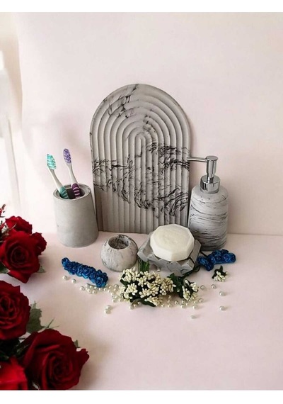 Marble Serisi Antrasit 5 Li Beton Banyo Seti, Sıvı,katı Sabunluk,diş Fırçalık,tepsi,aksesuar,dekor Gri