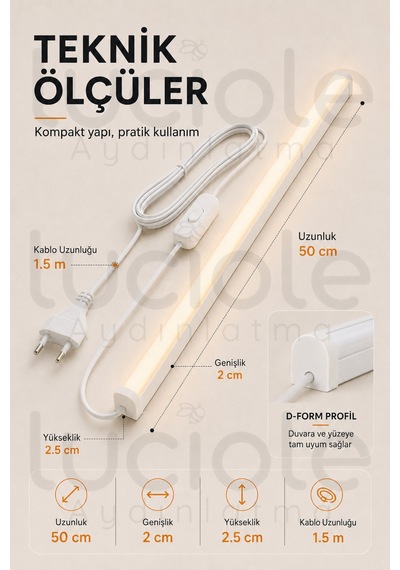 220v Amber Led Bar 50 Cm Fişli Anahtarlı Yapışkanlı Tezgah Altı Dolap İçi Aydınlatma
