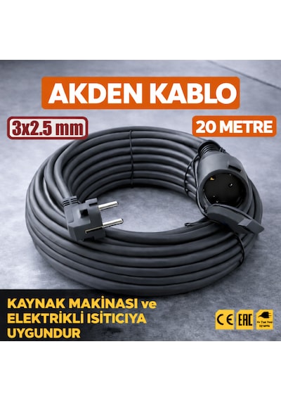 Kablo 20 Metre 3x2,5mm Uzatma Kablosu Tam Kesit Kaynak Makinası Kullanıma Uygundur 20 M