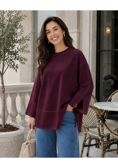 Unika Boutique Kadın Oversize Yırtmaçlı Uzun Kollu Salaş Bluz bordo