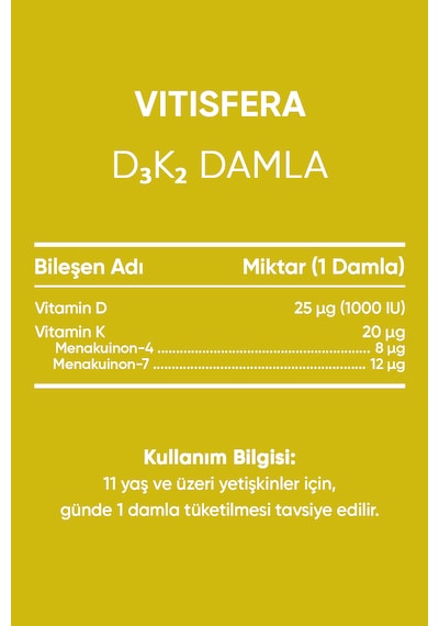 D3k2 Damla - 20 Ml - 400 Damla - 1000 Iu D3 & 20 Mcg K2 - %100 Organik Zeytinyağı Bazlı