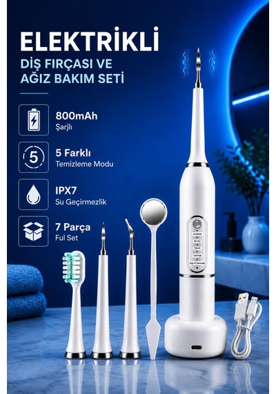 Şarjlı Diş Fırçası Diş Taşı Ve Plak Temizleyici 7 Parça Ağız Bakım Seti 5 Modlu Ipx7 Diş Tartar Seti