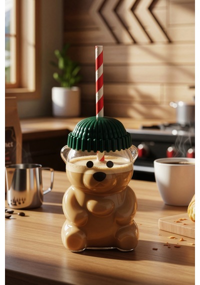 Snippy Bear - Cam Ayıcık Bardak Pipetli Kahve Bardağı Barista İçecek Bardağı 550 Ml Şeffaf